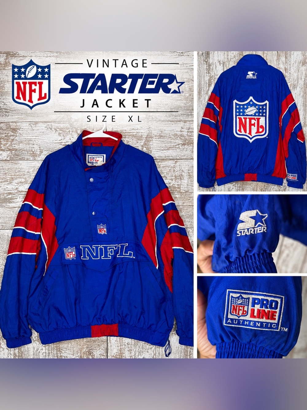 Vintage Starter NFL Pro Line Jacket Men’s XL Blue Red Big Logo 90s Football